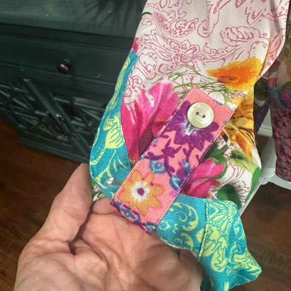 NWT John Mark Teal pink green artsy floral bohemian roll tab Shirt 1x - Picture 4 of 11